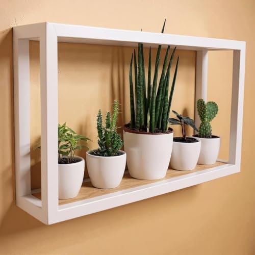 Galeara design Wandregal Metall Weiß und Schwarz mit Bambusholz SOTO - 2cm Dicker Stahl mit Bamus Holz - verborgene Aufhängung (Weiß, 42cm x 24cm) von Galeara design