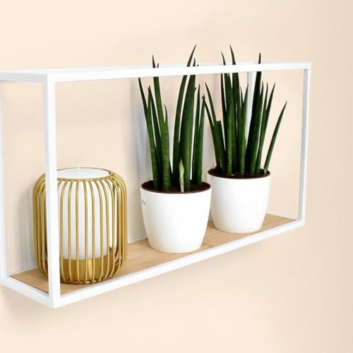 Galeara design Wandregal Metall Weiß mit Bambusholz SOTO - Leicht zu Hängen,- Deko Wandregal Schwarz (Weiß, 52cm x 27cm x 12cm (Weiß, 42cm x 24cm) von Galeara design