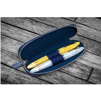 Leder Federmäppchen Duo Slim Mit Reißverschluss Für 2 Stifte - Crazy Horse Navy Blau von GalenLeatherCo