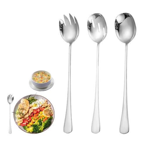 Galenecx 3 Stück alatbesteck, Salatbesteck Edelstahl 28 x 5.5cm, Hochglanzpoliert Servierlöffel, Salatgabel mit langem Griff, spülmaschinengeeignet, für Küche, Esszimmer, Bankett, Famili von Galenecx