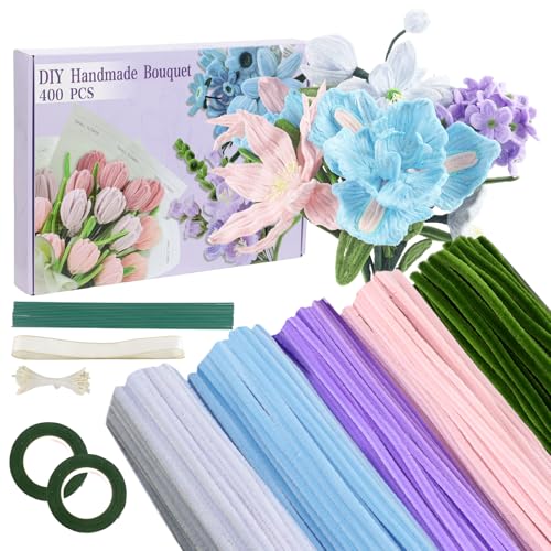Galerie SV Pfeifenputzer zum Basteln Set, 400 Stück Pfeifenreiniger 5 Farben Blumenstrauß Pfeifenreiniger Blumen mit Geschenkband, Klebeband, Perlenaufnäher, Staubblätter für DIY Geschenke und von Galerie SV