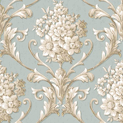 Galerie CS35621 Classic Silks 3 Tapete im italienischen Stil Damast, Blau/Creme, 10 m x 52,8 cm von Galerie