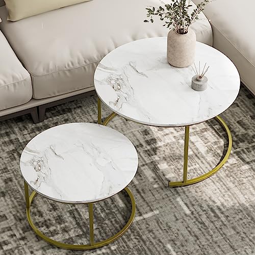 Gall&Zick Couchtisch Rund 2er Set, Wohnzimmertisch, Beistelltische Beige Metall, Kaffeetisch für Wohnzimmer, Schlafzimmer, Sofatisch, Marmor Weiß von Gall&Zick