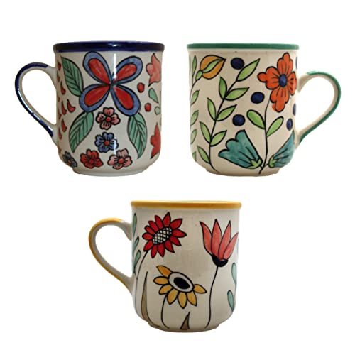 Gall&Zick Kaffeetasse Blumenmuster, handbemalt aus Keramik, 400ml, spülmaschinenfest (3er Set gemischt) von Gall&Zick