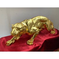 Jaguar Skulptur Kunstwerke, Handgegossene Statue, Tischskulptur, Home Decor Skulpturen & Statuen, Tierstatuen, Gold Leopard Statue von GalleryHoneyWinter