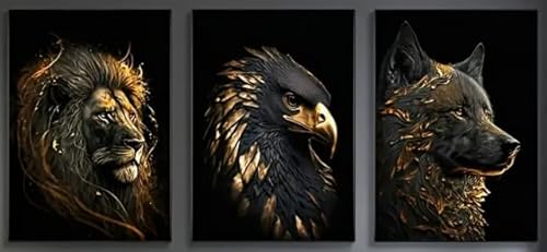 3er Set Leinwand Bilder mit Rahmen – Goldene Tiermotive: Löwe, Adler & Wolf, Kunstdruck auf Leinwand für Wohnzimmer, Schlafzimmer oder Flur, Wandbilder Modern mit Haken und ohne Spuren Nägeln 3er Set Leinwand Bilder mit Rahmen – Goldene Tiermotive: Löwe, Adler & Wolf, Kunstdruck auf Leinwand für Wohnzimmer, Schlafzimmer oder Flur, Wandbilder Modern mit Haken und ohne Spuren Nägeln von Galmcook