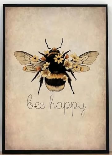 Galmcook Leinwand Bilder Wandbild 30x40 cm mit Rahmen – Biene mit 'Bee Happy' Schriftzug, Kunstdruck, Ideal für Wohnzimmer, Schlafzimmer, Flur oder Büro, Mit fixierten Haken und ohne Spuren Nägeln von Galmcook