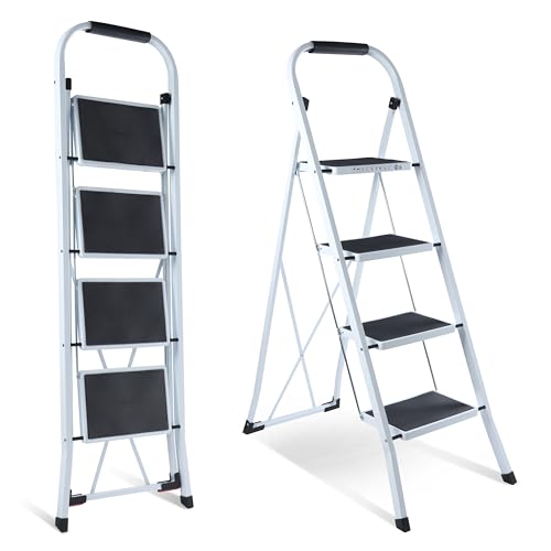 Galvaran 4-stufige Leiter – zusammenklappbare Trittleiter, tragbar mit Anti-Rutsch-Matte und bequemem, weichem Handgriff, robuste Stahl-Trittleiter – einfach zu verstauende Trittleiter, 150 kg von Galvaran