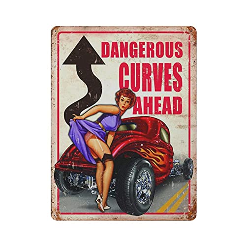 Metall-Blechschild "Dangerous Curves Ahead" Pin Up Girl Vintage Blechposter Metallschild Wanddekoration Landküche Zuhause Garage Dekor 40,6 x 30,5 cm von Gambo
