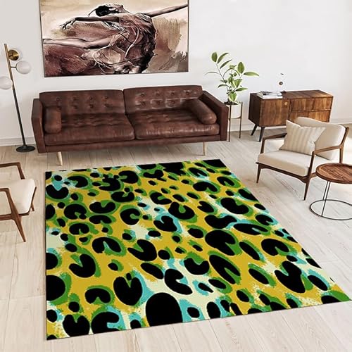 Teppich Grüner Leopard Print Großer Schmutzabweisender Polyester Teppich,Maschinenwaschbar Rutschfester Vintage-Teppich Wasserdichter Teppich Für Schlafzimmer Wohnzimmer Büro,200X300Cm von Gambo
