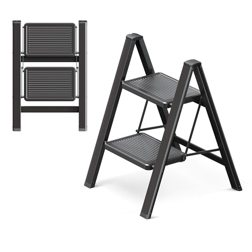 GameGem 2 Stufen Leiter, 2 Stufen Hocker für Erwachsene, klappbare Trittleiter mit sicherem Stand, verbreitertem Pedal, ästhetisch ansprechendes Aussehen, Wohnräume von GameGem