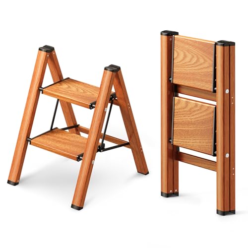 GameGem 2 Stufen Leiter, klappbarer Tritthocker mit breitem Anti-Rutsch-Pedal, leichtes und dennoch stabiles Aluminiummaterial, 150 kg Tragkraft, hübsches, modernes Aussehen für den Innenbereich von GameGem