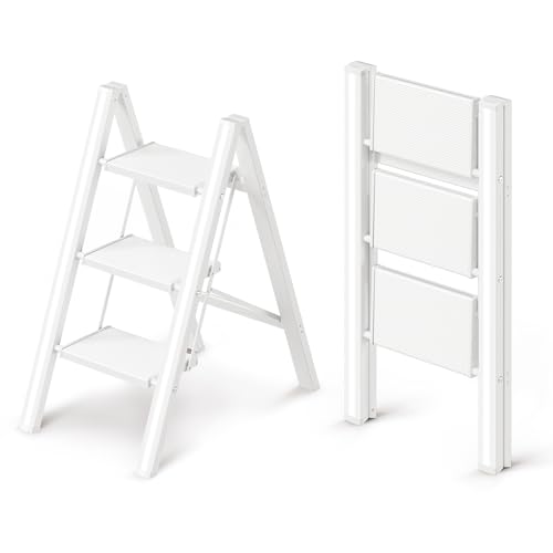 GameGem 3 Stufen Leiter, klappbarer Tritthocker mit breitem Anti-Rutsch-Pedal, leichtes und dennoch stabiles Aluminiummaterial, 150 kg Tragkraft, hübsches, modernes Aussehen für den Innenbereich von GameGem