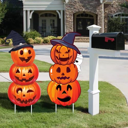 Halloween-Hofschilder, groß mit Pfählen für Halloween-Dekorationen im Freien, 3-stöckig, niedlich, gruselig, Halloween-Kürbis, Geist, Hofschild für Rasen, Heimdekoration, 2 Stück Halloween-Schilder von GameXcel