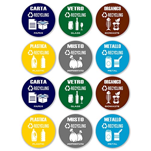 GamesMonkey® - Aufkleber für Mülltrennung Kreis Recycling Müll v2 - Wasserdicht waschbar Illustriert - Englisch Italienisch - Entspricht der Norm UNI 11686 (8,5 x 8,5, 12 Stück) von GamesMonkey
