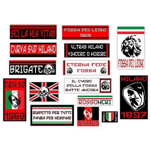 GamesMonkey® - Kit mit 15 Aufklebern Ultras – Mailand – Fußball Fußball Wappen – Glänzendes Vinyl HD – Made in Italy wasserdicht außen Auto Motorrad Motocross Fahrrad Helm Stoßstange Glas Karosserie von GamesMonkey
