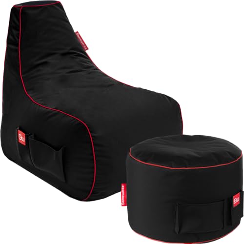 Gamewarez Crimson Warrior Sitzsack Bundle – Gaming-Sitzsack mit passenden Hocker im Set, ideal für PS4 / PS5, Nintendo Switch und Xbox Spieler, Made in Germany, schwarz-rot von Gamewarez