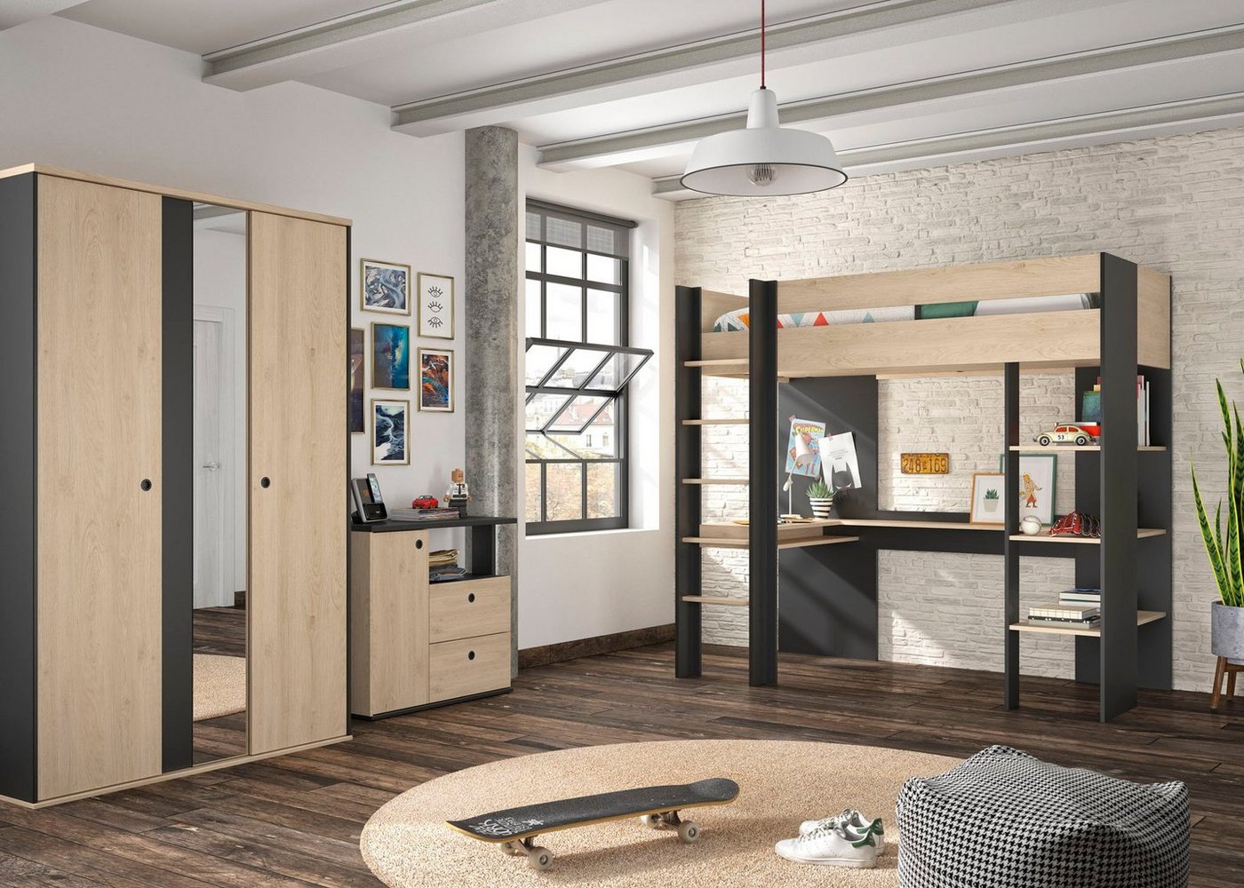 Gami Jugendzimmer-Set Duplex, (3-St., Kleiderschrank, Kommode, Hochbett) von Gami