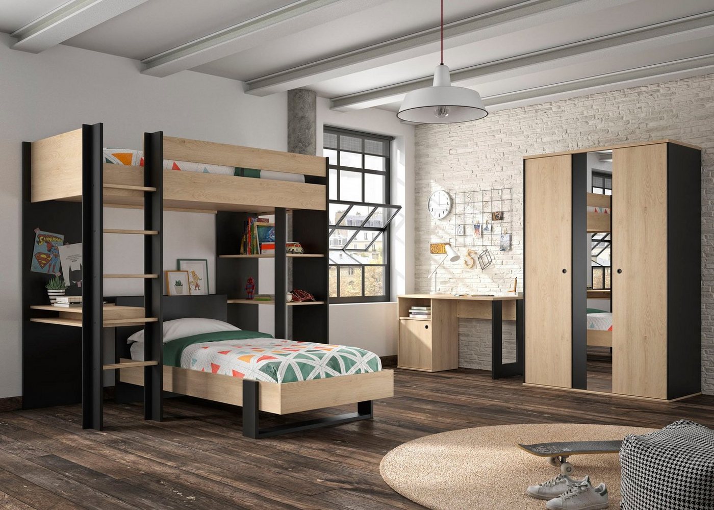 Gami Jugendzimmer-Set Duplex, (4-St., Bett, Kleiderschrank, Schreibtisch, Hochbett) von Gami