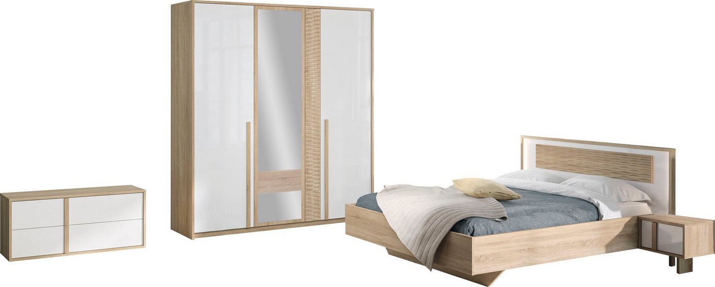 Gami Schlafzimmer-Set Curtys, (5-St., 1x Bett, 2x hängende Nachttische, 1x Kleiderschrank und 1x Lowboard) von Gami