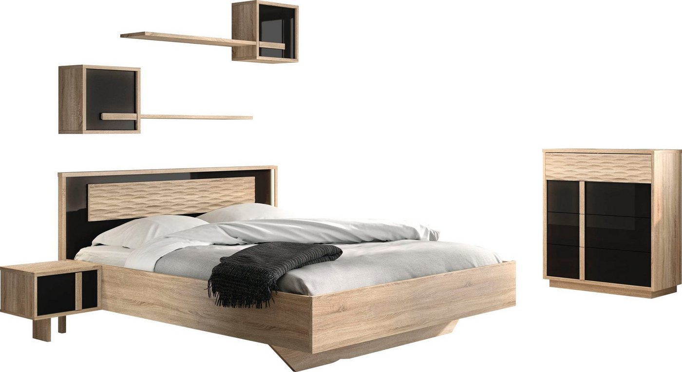 Gami Schlafzimmer-Set Curtys, (6-St., 1x Bett, 2x hängende Nachttische, 1x Kommode und 2x Wandregal) von Gami