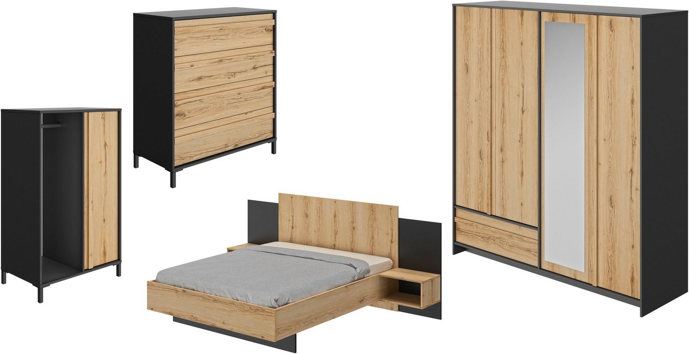 Gami Schlafzimmer-Set Mimizan, (4-St., Bett, 2x Nachttische, Kleiderschrank, Kommode, Garderobenschrank) von Gami