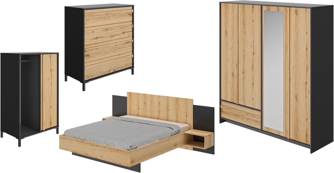 Gami Schlafzimmer-Set Mimizan, (4-St., Bett, 2x Nachttische, Kleiderschrank, Kommode, Garderobenschrank) von Gami
