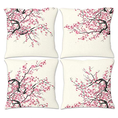 Gamoii Japanische Kirschblüten Kissenbezüge Zierkissenbezüge Leinen Kissenbezug 4er Set Printed Pillow Case Kissenhülle Sofakissen Bezug mit Verstecktem Reißverschluss für Autos Sofa White 45x45cm von Gamoii