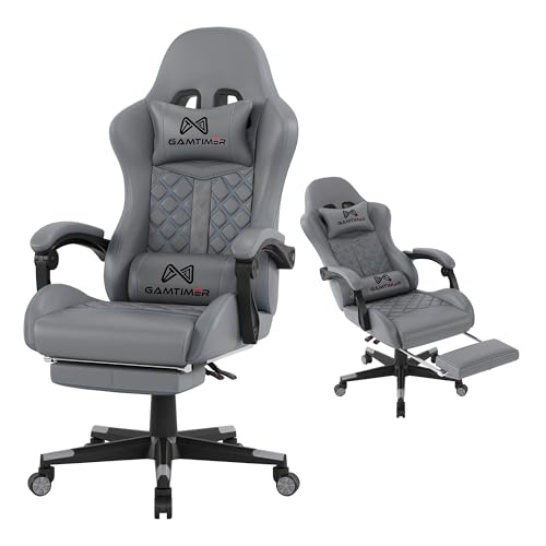 Gamtimer Gaming-Stuhl, 180 kg Erwachsenenstuhl, Computerstuhl mit hoher Rückenlehne mit Fußstütze und verbundenen Armlehnen, Büro-Videospielstuhl mit Lendenwirbelstütze (Grau) von Gamtimer
