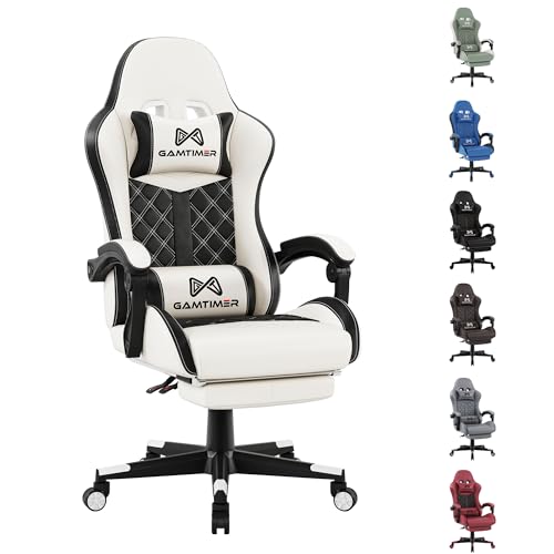 Gamtimer Gaming Stuhl,Großer Gaming Chair,Ergonomischer Bürostuhl mit Fußstütze,Gaming Stuhl 200kg,PU Leder Gaming Sessel,Höhenverstellbarer 360°Drehstuhl(Weiß) von Gamtimer