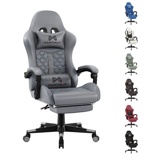 Gamtimer Gaming Stuhl,Großer Gaming Chair,Ergonomischer Bürostuhl mit Fußstütze,Gaming Stuhl 200kg,PU Leder Gaming Sessel,Höhenverstellbarer 360°Drehstuhl(Grau) von Gamtimer