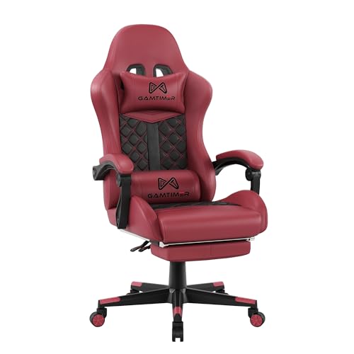 Gamtimer Gaming-Stuhl mit Fußstütze, ergonomischer, verstellbarer Rückenlehne, 4D-Sitzkissen und Kopfstütze für Schleudertrauma-Schutz, PU-Leder, um 360 Grad drehbar, geeignet für Erwachsene, Rot von Gamtimer