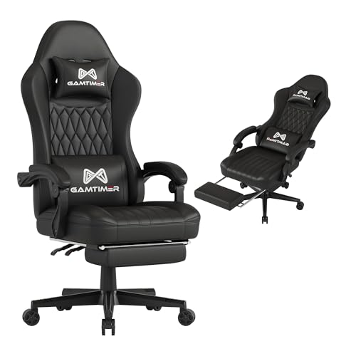 Gamtimer Gaming-Stuhl mit Fußstütze, ergonomischer Computerstuhl, atmungsaktives PU-Material mit Kopfstütze und Lendenwirbelstütze, geeignet für Silla Gamer und Erwachsene, Schwarz von Gamtimer
