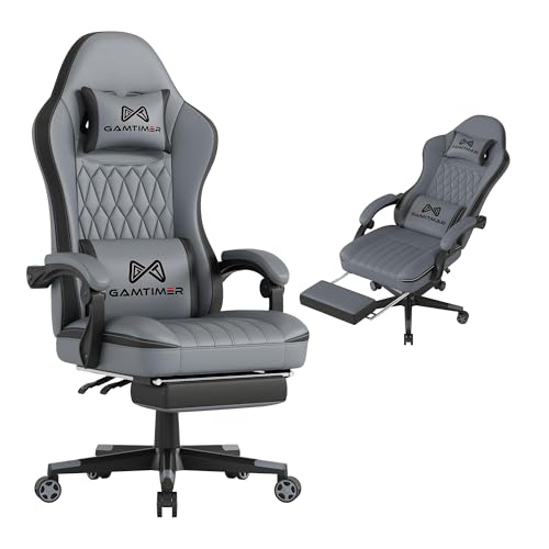 Gamtimer Gaming-Stuhl mit Fußstütze, ergonomischer Computerstuhl, atmungsaktives PU-Material mit Kopfstütze und Lendenwirbelstütze, geeignet für Silla Gamer und Erwachsene (Grau) von Gamtimer