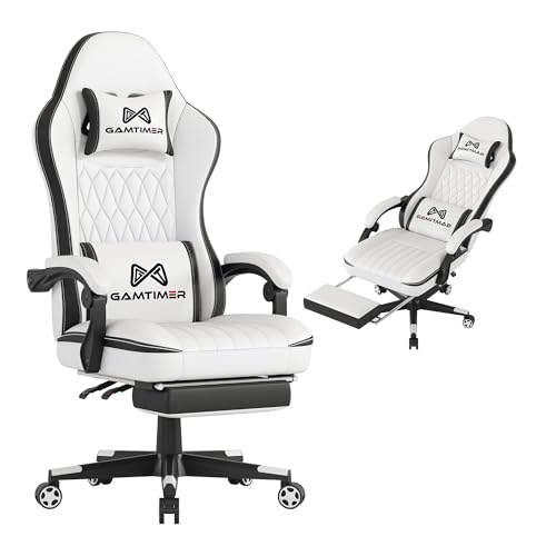 Gamtimer Gaming-Stuhl mit Fußstütze, ergonomischer Computerstuhl, atmungsaktives PU-Material mit Kopfstütze und Lendenwirbelstütze, geeignet für Silla Gamer und Erwachsene (Weiß) von Gamtimer