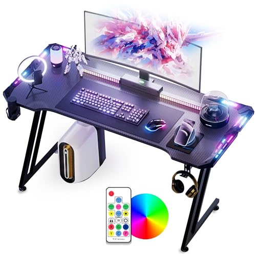 Gamtimer Gaming Tisch,160X60cm Gaming-Schreibtisch mit LED-Leuchten,Carbon Fiber Surface RGB Gaming Computer Tisch, 384 Farbmodus mit Fernbedienung, Tassenhalter und Kopfhörerhaken von Gamtimer