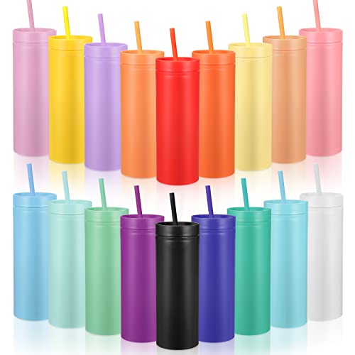 Gandeer 18 Stück Skinny Acrylbecher mit Deckel und Strohhalm, 473 ml, matte Becher, doppellagig, Kunststoffbecher, Vinyl, maßgeschneidert, DIY, 18 Stück (1 Stück) von Gandeer