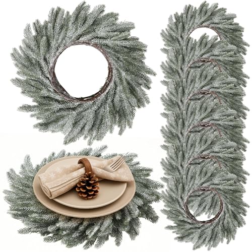 Gandeer Runde Weihnachts-Platzsets mit künstlichen Kranzzweigen, Weihnachtsgirlande, 38,1 cm, runde Winterpflanzen, Esstischmatte für Weihnachten, Party-Dekoration (Norfolk und Pulverschnee), 6 Stück von Gandeer