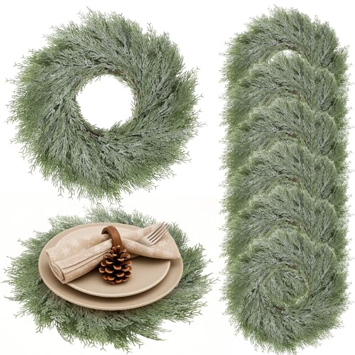 Gandeer Runde Weihnachts-Platzsets mit künstlichen Kranzzweigen, Weihnachtsgirlande, 38,1 cm, runde Winterpflanzen, Esstischmatte für Weihnachten, Party-Dekoration (Pulverschnee) von Gandeer