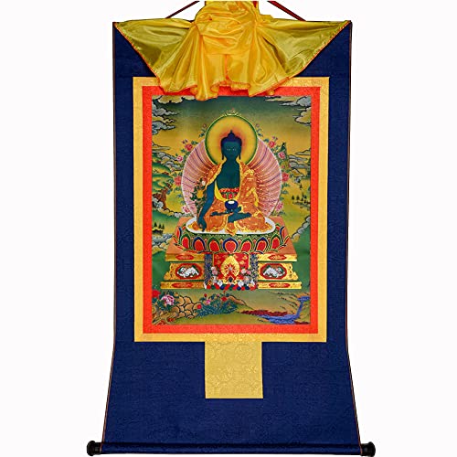 Gandhanra Thangka Tibetische Wandbehang,Bhaisajyaguru Thangka,Medizin Buddha Thangka,Heißgeprägter Buddha Wandteppich für Zen Wohnkultur, Meditation, Spirituelle Entspannung und Ruhe von Gandhanra