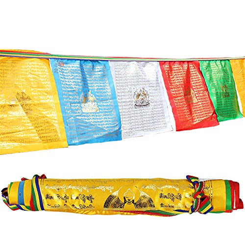 Langlebigkeits Buddha(Sakyamuni) Gandhanra Tibetische Gebetsfahnen Golddruck,Windpferdflagge,Lungta Flaggen,für Buddhistische Altäre, Meditationsräume, Außendekoration,3m lang 10 fahnen von Gandhanra