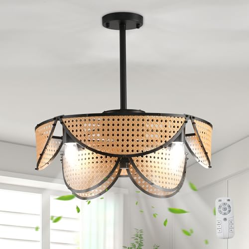 Ganeed Boho Käfig Deckenventilator mit Licht und Fernbedienung Rattan Unterputz Deckenventilatoren Leuchten Pendelleuchte Reversibler Fandelier für Schlafzimmer Küche Wohnzimmer 4 Leuchten von Ganeed