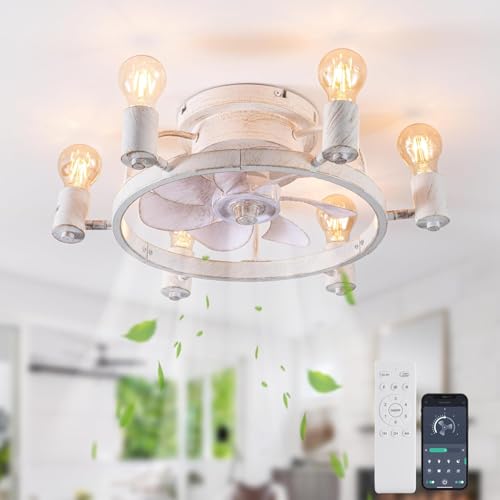 Ganeed Deckenventilatoren mit Leuchten und Fernbedienung 52cm Low Profile Unterputz Deckenventilator Bauernhaus Rustikale Industrieventilator Leuchten E27 für Schlafzimmer Küche Weiß 6 Leuchten von Ganeed