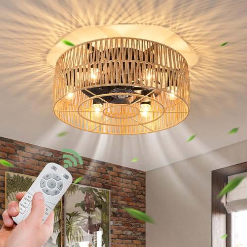 Ganeed Deckenventilatoren mit Leuchten Industrial Style Farmhouse Deckenventilator 48cm Boho Rattan Käfiglampe E27 Einbauleuchte mit Fernbedienung Schwarz 6 Lichter von Ganeed