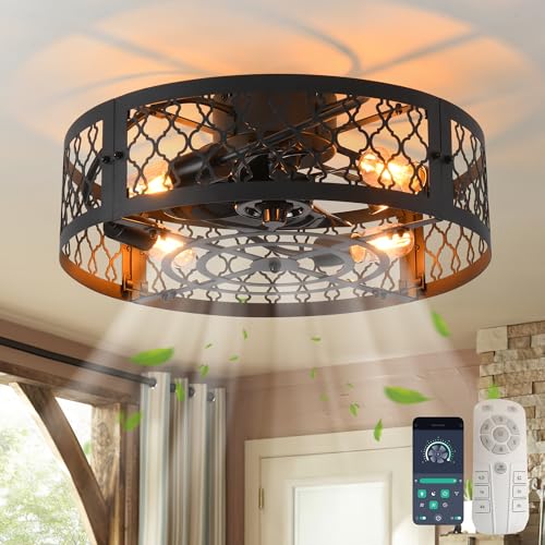 Ganeed Deckenventilatoren mit Lichtern Industrial Style Farmhouse Deckenventilator 50cm Metall Käfigbeleuchtung E27 Unterputzmontage mit Fernbedienung Schwarz 4 Lichter von Ganeed