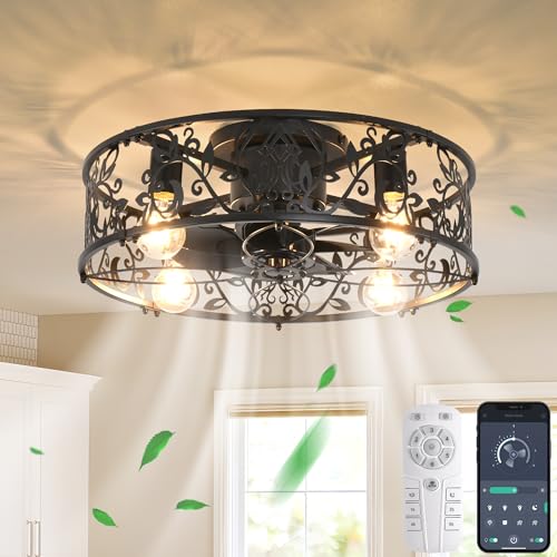 Ganeed Käfig Deckenventilator mit Lichtern Industriestil Bauernhaus Deckenbeleuchtung 51cm Low Profile Deckeneinbauleuchte E27 mit Fernbedienung Schwarz 4 Leuchten von Ganeed