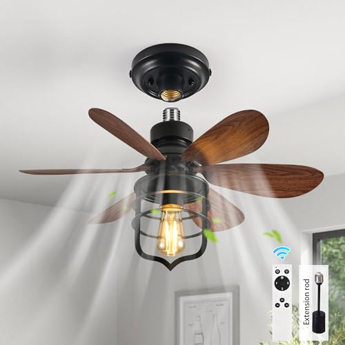 Ganeed Schraube In Deckenventilator Lichtsteckdose mit Fernbedienung E27 Kleine Ventilatoren für Schlafzimmer Bauernhaus Industriestil Lampe Indoor Wäscherei Garage Flur Foyer Schwarz von Ganeed