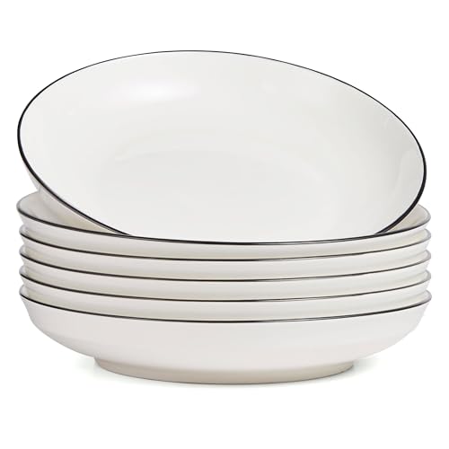 Gang Rinpoche Pasta-Speiseteller aus weißem Porzellan mit schwarzem Rand, 20,3 cm, elegante runde Keramik-Suppenteller zum Essen, mikrowellen- und spülmaschinenfest, 6 Stück von Gang Rinpoche