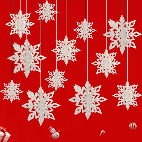 12 Stück Weihnachten 3D Schneeflocken Deko, Papier Schneeflocke zum Aufhängen Hängende Schneeflocke Ornamente Christbaumschmuck Weihnachtsschmuck für Weihnachts Geburtstag Winter Deko Weiß von GangGangBAO