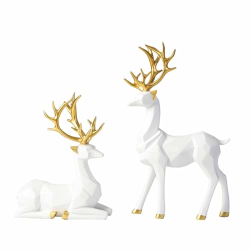 GangGangBAO 2 Stück Hirsch Deko, Paar Hirsch Figuren Weiß Desktop Ornament Resin Elch Rentier Figur Dekoration Weihnachtsdekoration Für Wohnzimmer Schlafzimmer Weihnachten (Weiß) von GangGangBAO